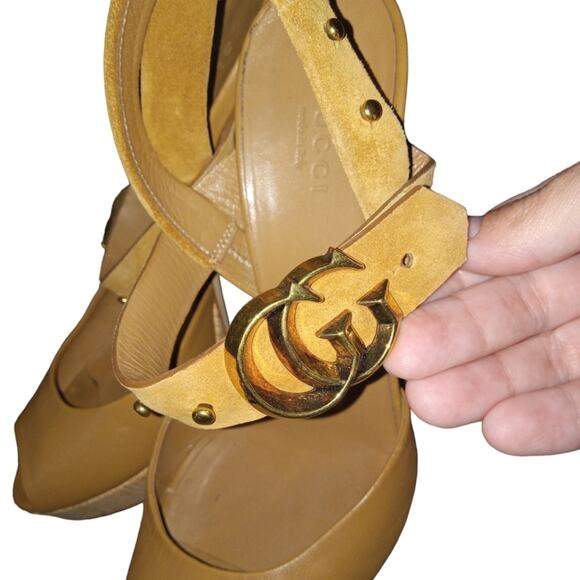 Gucci Brown Leather and Suede Cork Platform Peep Toe Slingback Sandals Size 37.5 - Picture 4 of 5